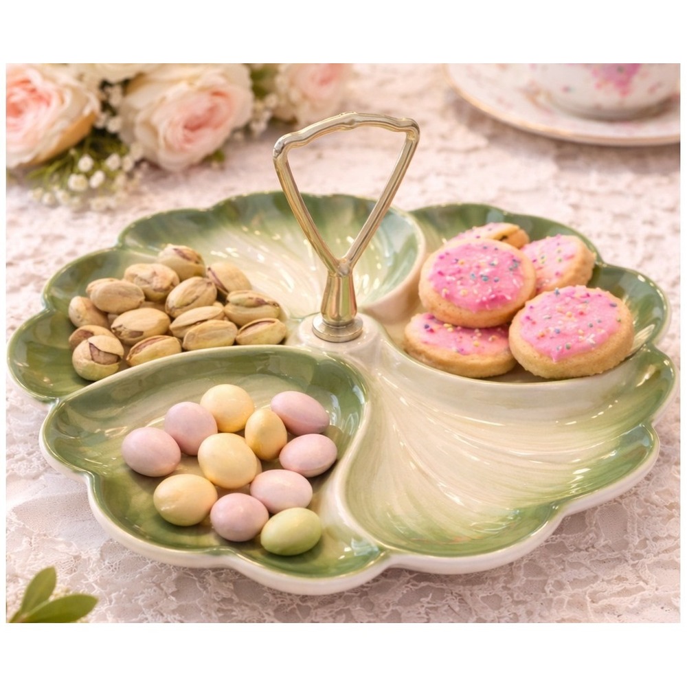 Vintage Green Leaf Divided‎ Relish Dish w Handle MCM Candy Snack Tray